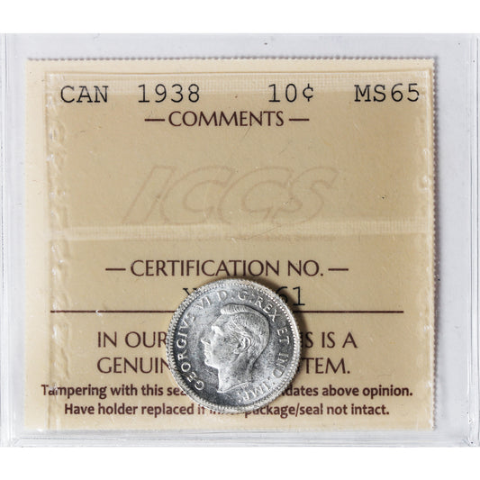 1938 Canada 10-cents ICCS Certified MS65 (XHT 161)
