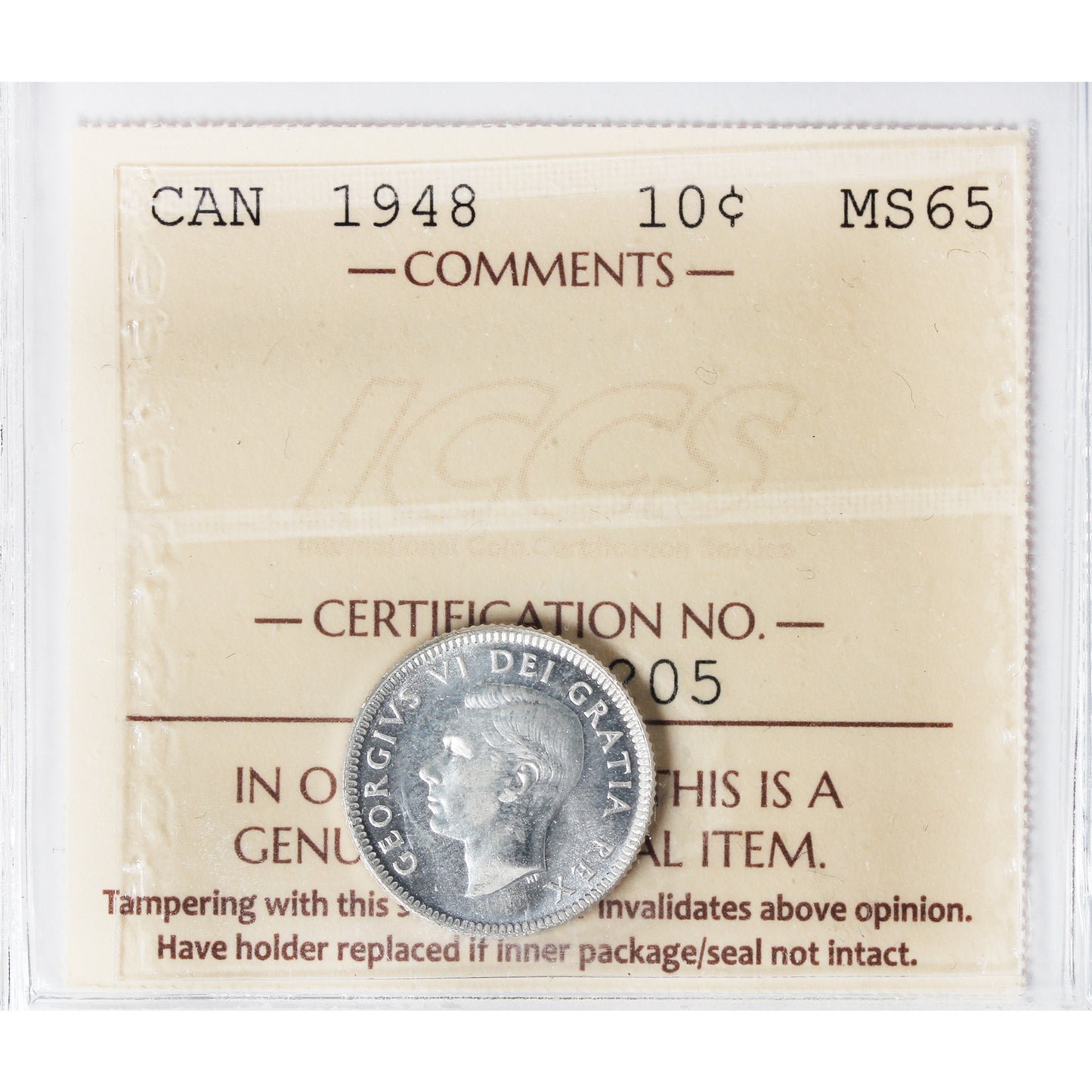 1948 Canada 10-cents ICCS Certified MS65 (XHT 205)