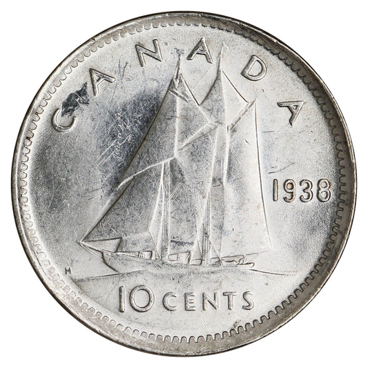 1938 Re-Engraved Canada 10-cents UNC+ (MS62) $
