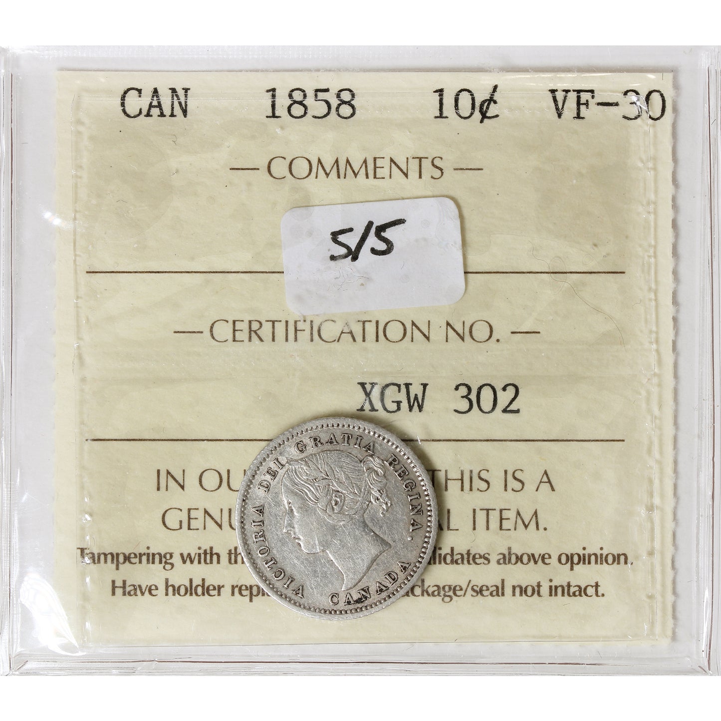 1858 5/5 Canada 10-cents ICCS Certified VF30
