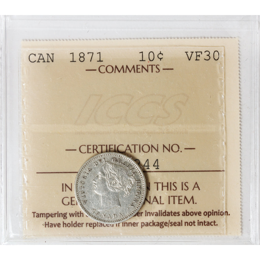 1871 Canada 10-cents ICCS Certified VF30