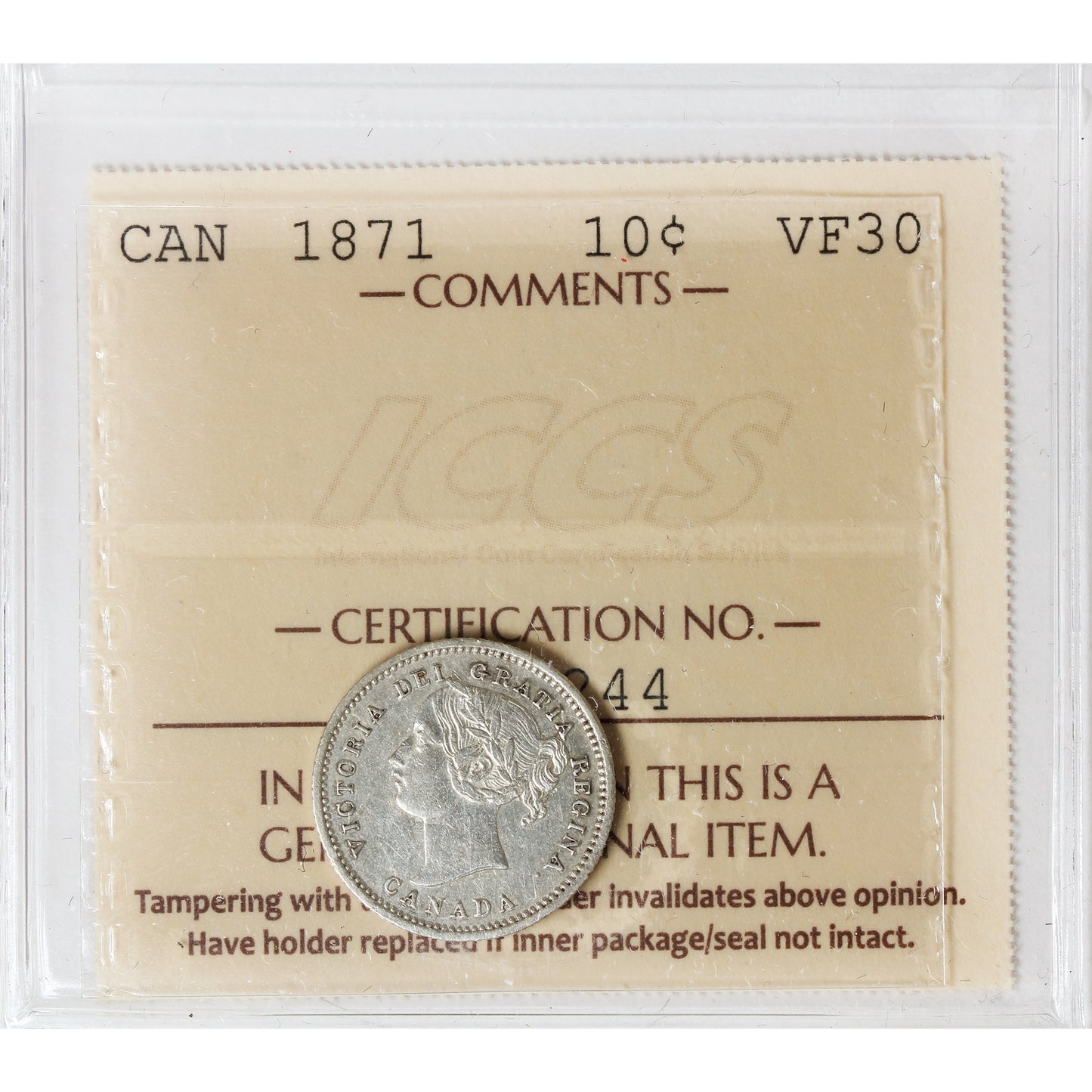 1871 Canada 10-cents ICCS Certified VF30