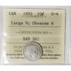 1892 Large 9, Obv. 6 Canada 10-cents ICCS Certified G4