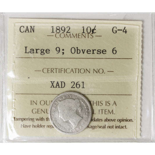 1892 Large 9, Obv. 6 Canada 10-cents ICCS Certified G4