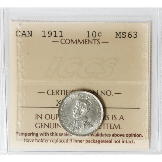 1911 Canada 10-cents ICCS Certified MS63 (XHI 301)