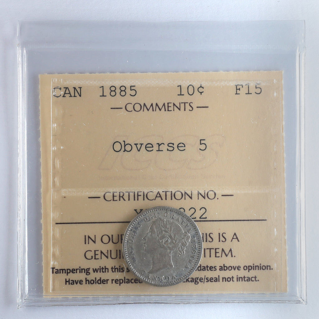 1885 Obv. 5 Canada 10-cents ICCS Certified F15