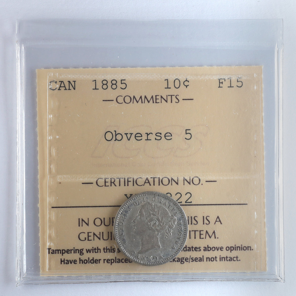 1885 Obv. 5 Canada 10-cents ICCS Certified F15
