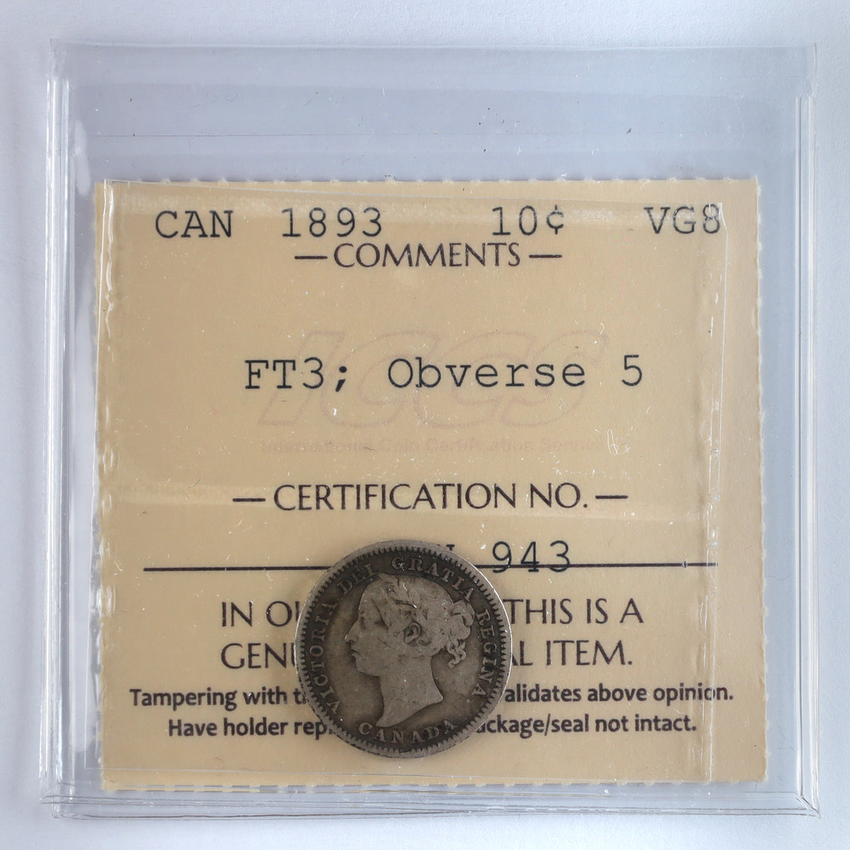 1893 Flat Top 3, Obv. 5 Canada 10-cents ICCS Certified VG8