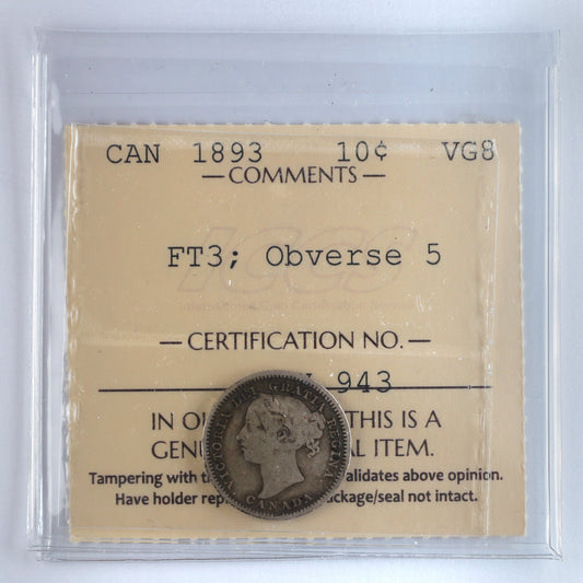 1893 Flat Top 3, Obv. 5 Canada 10-cents ICCS Certified VG8