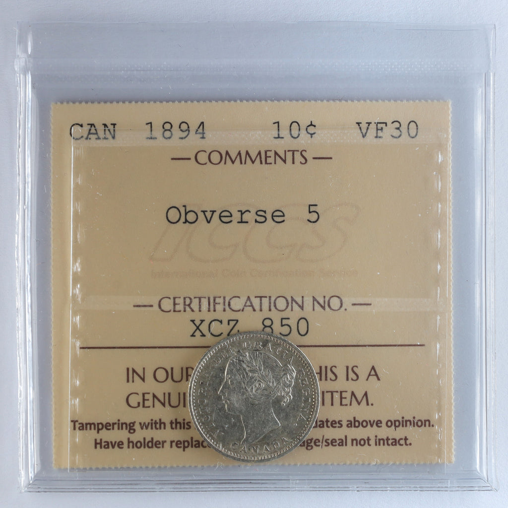 1894 Obv. 5 Canada 10-cents ICCS Certified VF30