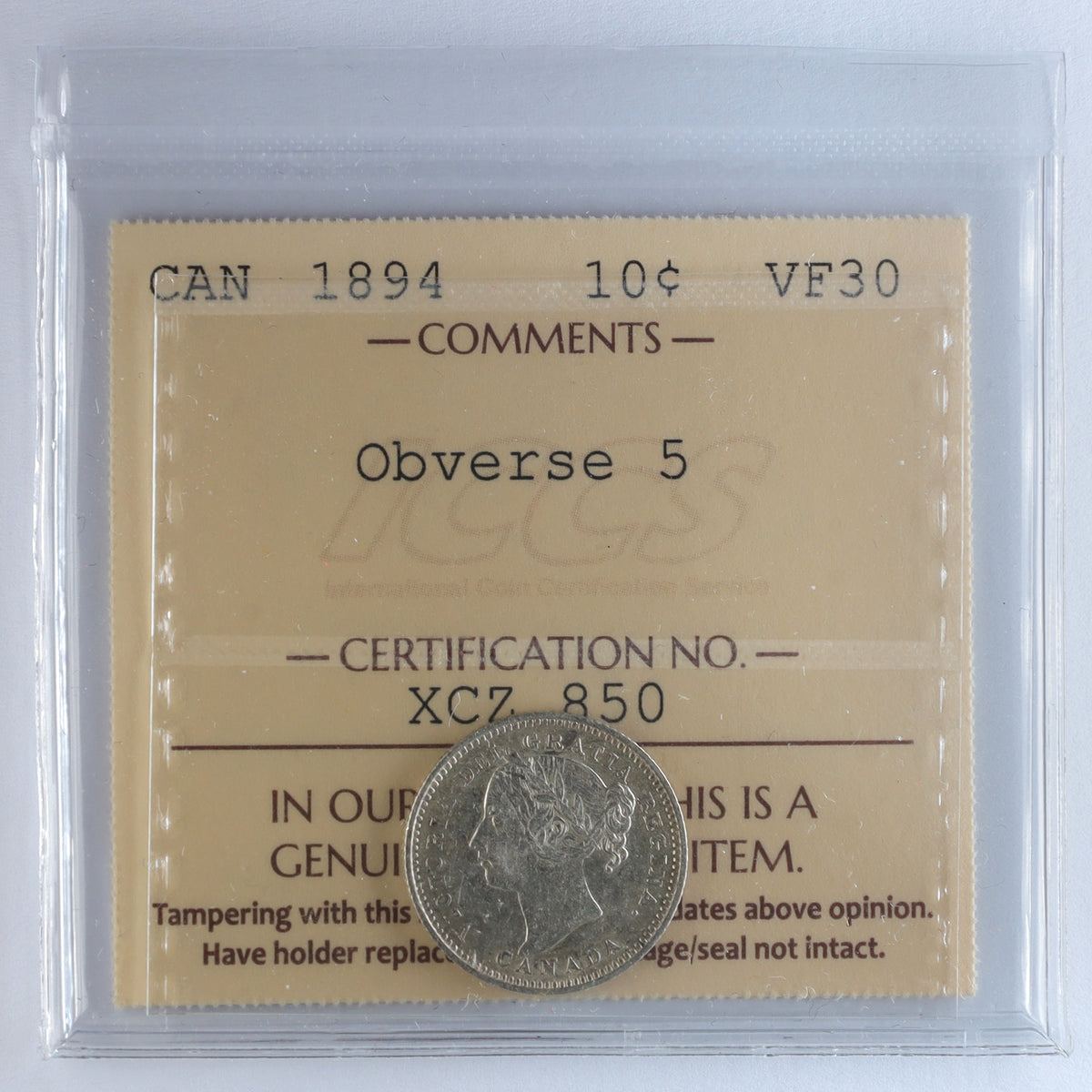 1894 Obv. 5 Canada 10-cents ICCS Certified VF30