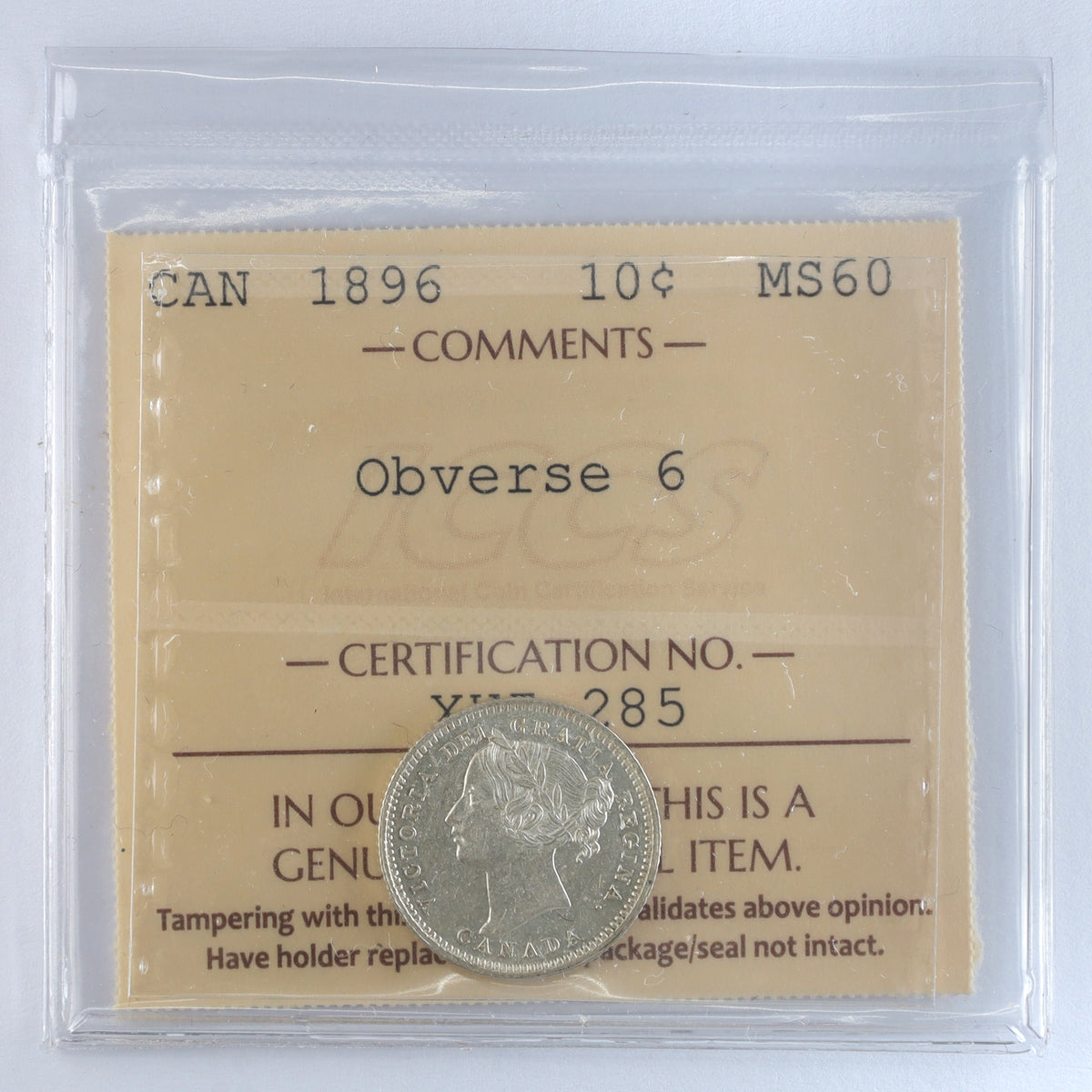 1896 Obv. 6 Canada 10-cents ICCS Certified MS60 (XHI 285)