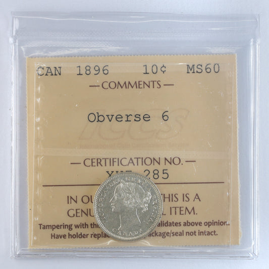 1896 Obv. 6 Canada 10-cents ICCS Certified MS60 (XHI 285)