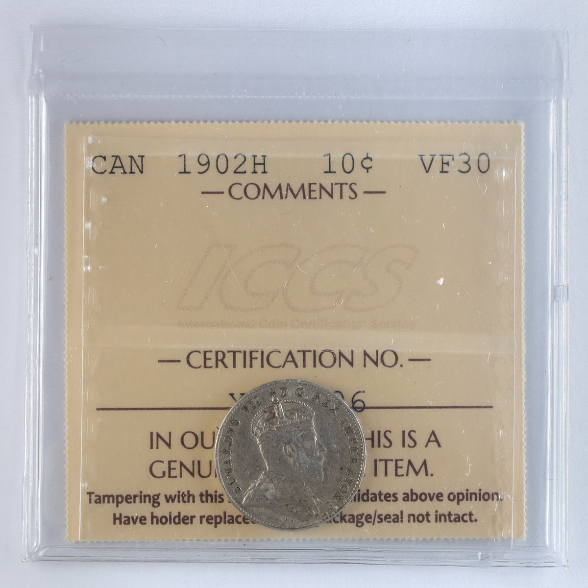 1902H Canada 10-cents ICCS Certified VF30