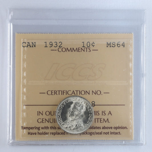 1934 Canada 10-cents ICCS Certified MS64 (XAM 208)