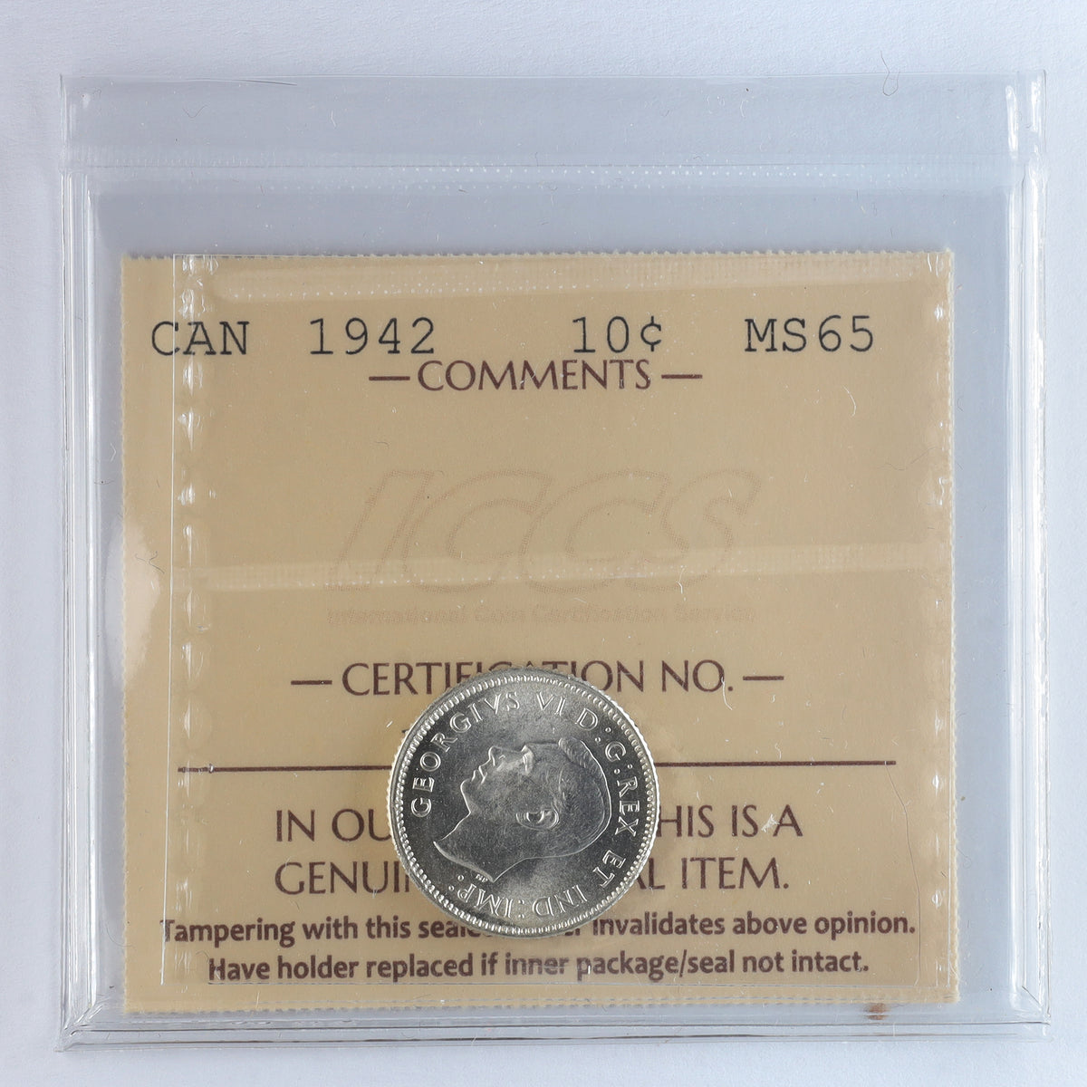 1942 Canada 10-cents ICCS Certified MS65 (XHT 171)