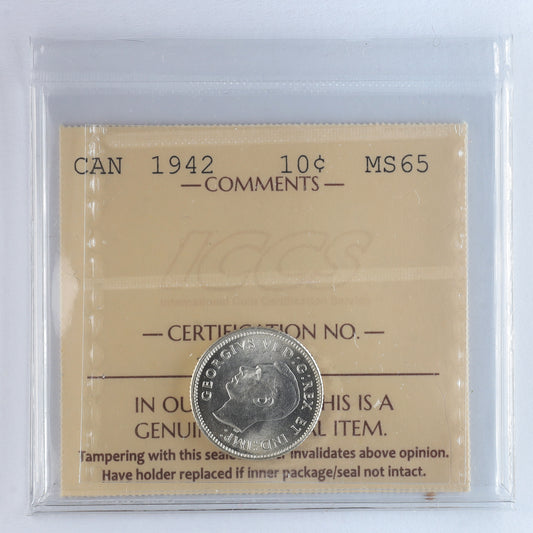1942 Canada 10-cents ICCS Certified MS65 (XHT 171)