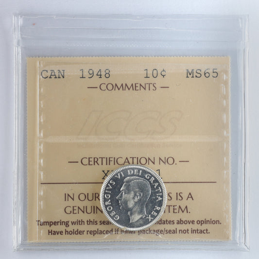 1948 Canada 10-cents ICCS Certified MS65 (XHT 201)