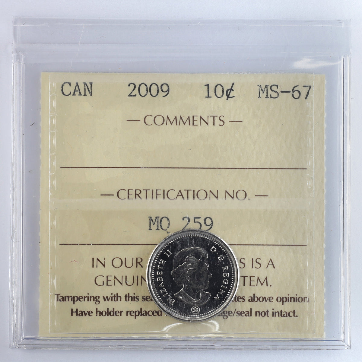 2009 Canada 10-cents ICCS Certified MS67