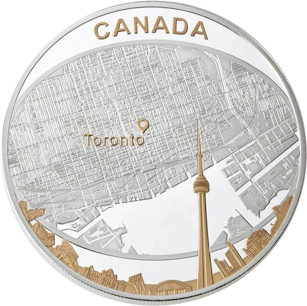 2011 Canada $25 Toronto City Map 2oz. Gold Plated Fine Silver (No Tax)