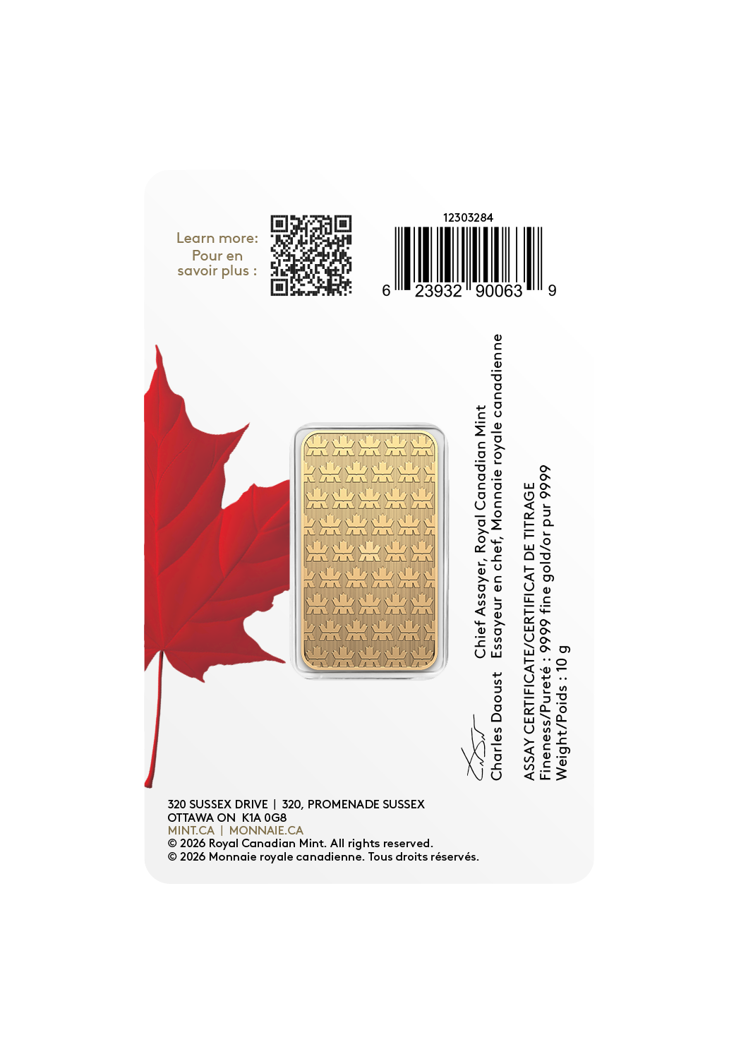 2026 10g 99.99 Pure Gold Bar in Proudly Canadian Packaging (No Tax)