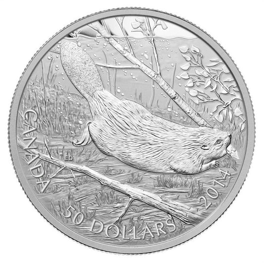 2014 Canada $50 Swimming Beaver 5oz. Fine Silver Coin (TAX Exempt)