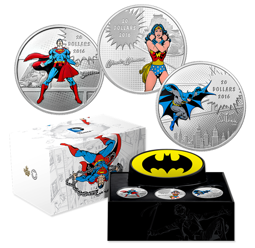 RDC 2016 Canada $20 DC Comics Superman, Batman, Wonder Woman 3 Coin Fine Silver Set (No Tax) impaired