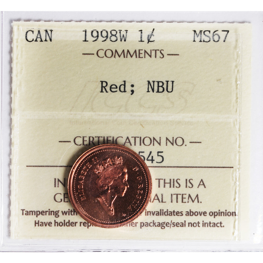 1998W Canada 1-cent ICCS Certified MS-67 Red; NBU