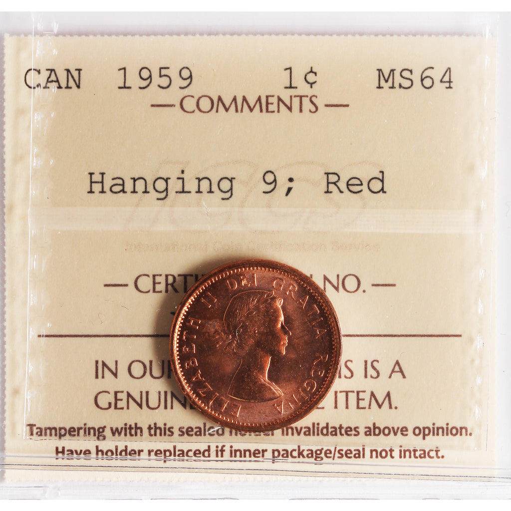 1959 Hanging 9 Canada 1-cent ICCS Certified MS64 Red