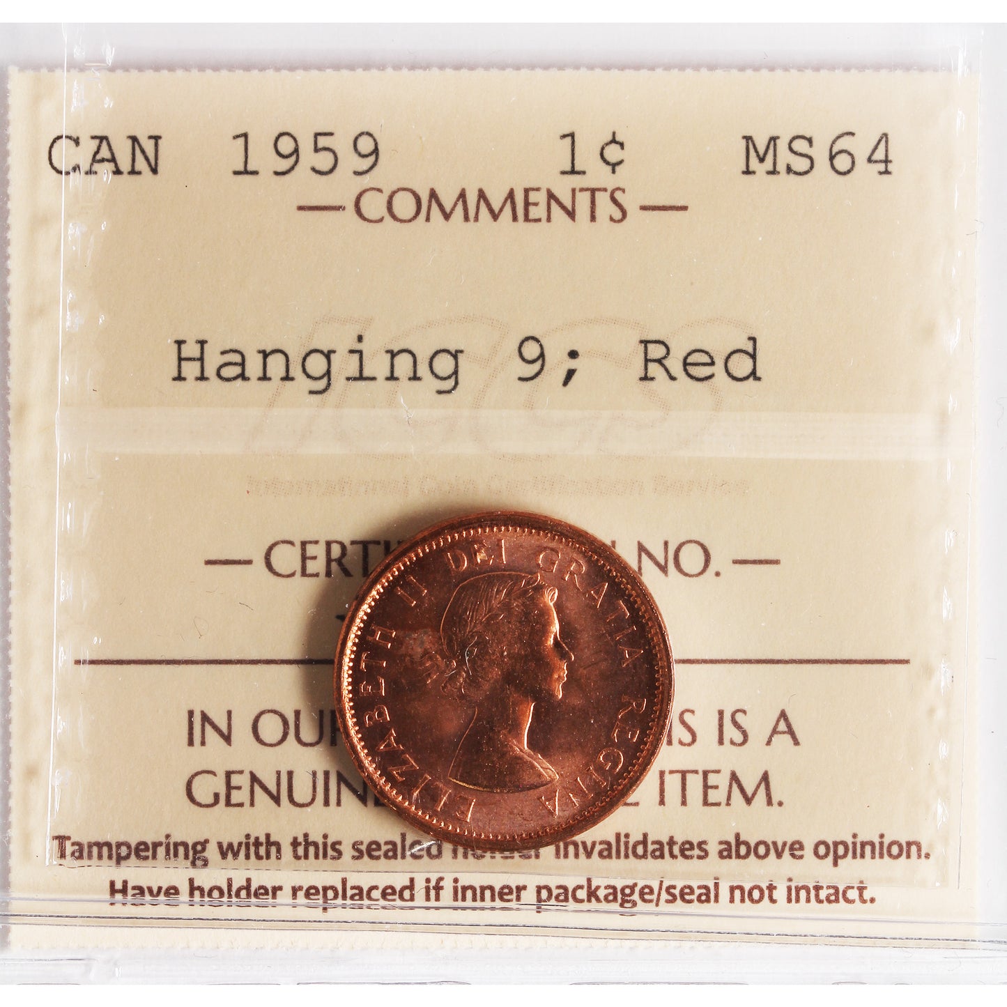 1959 Hanging 9 Canada 1-cent ICCS Certified MS64 Red