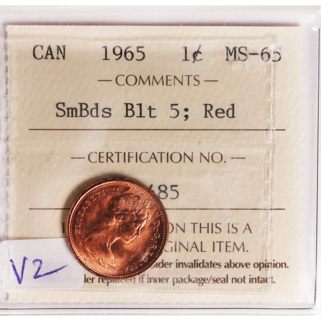1965 SmBds Blt 5 (Type 2) Canada 1-cent ICCS Certified MS65 Red