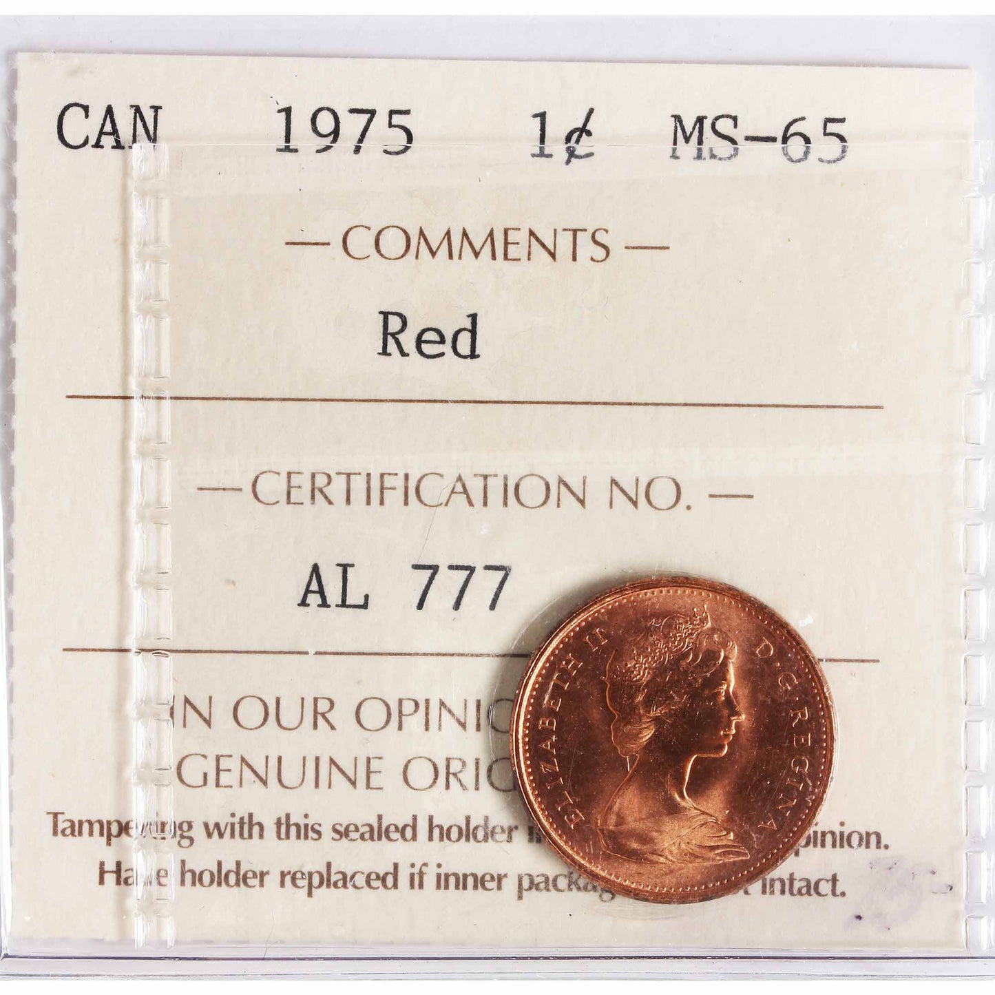 1975 Canada 1-cent ICCS Certified MS-65 Red