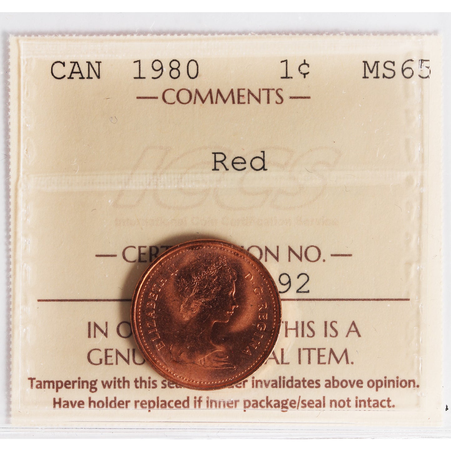 1980 Canada 1-cent ICCS Certified MS65 Red