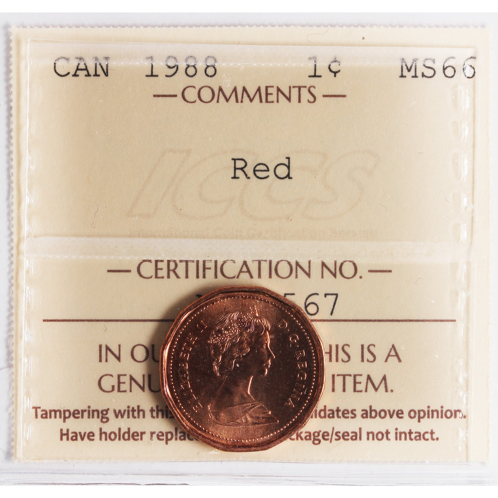 1988 Canada 1-cent ICCS Certified MS66 Red
