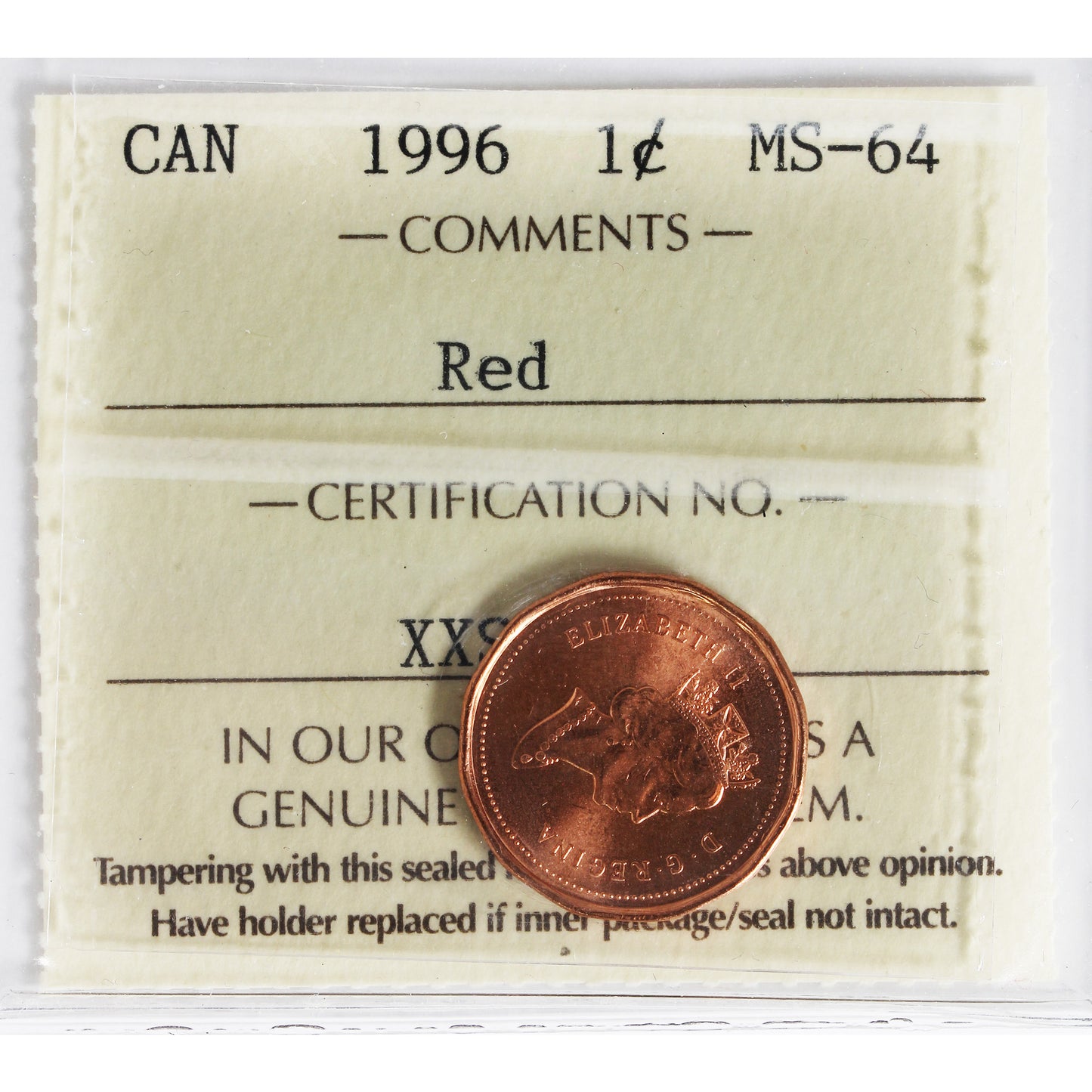 1996 Canada 1-cent ICCS Certified MS-64 Red