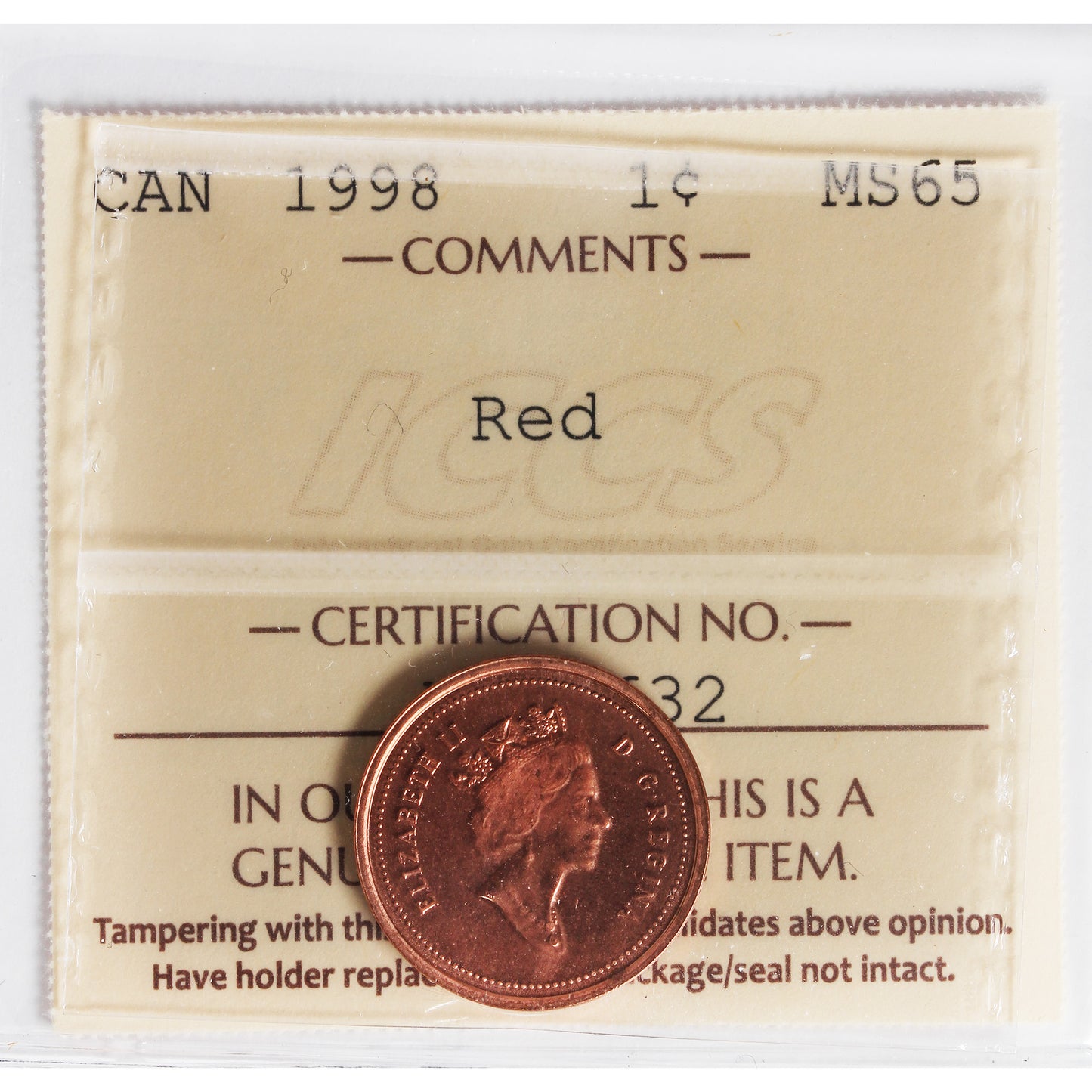 1998 Canada 1-cent ICCS Certified MS-65 Red