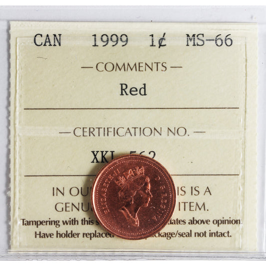 1999 Canada 1-cent ICCS Certified MS-66 Red