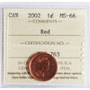 2002 Canada 1-cent ICCS Certified MS-66 Red