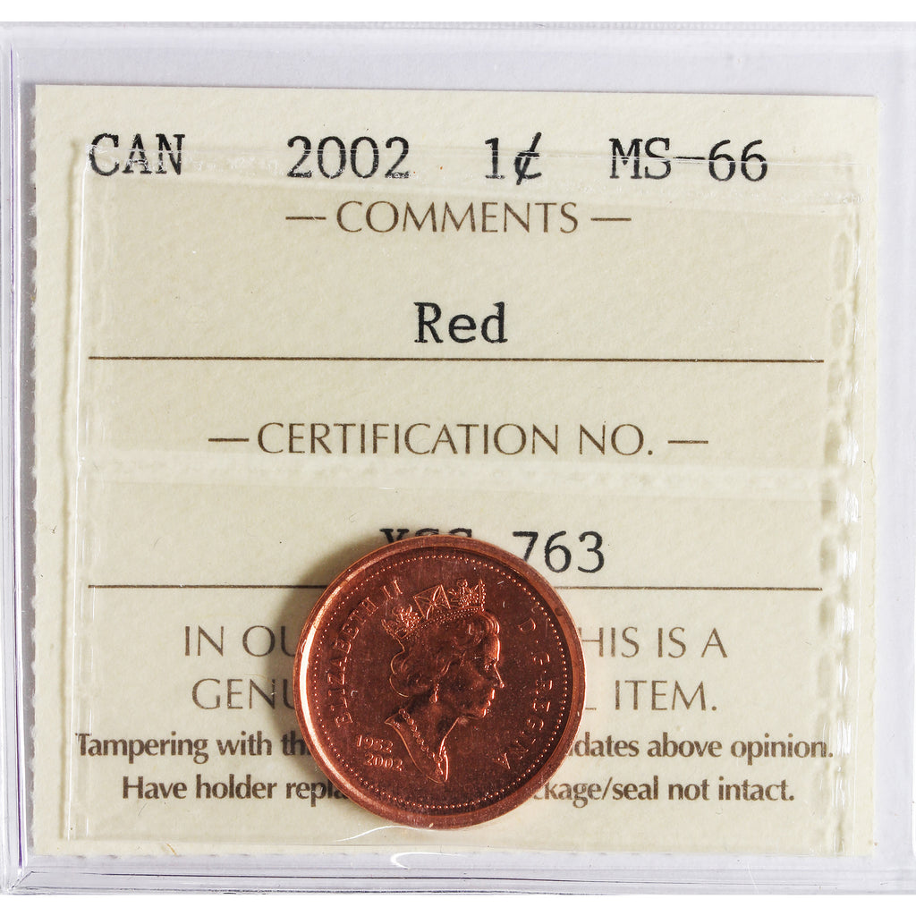 2002 Canada 1-cent ICCS Certified MS-66 Red