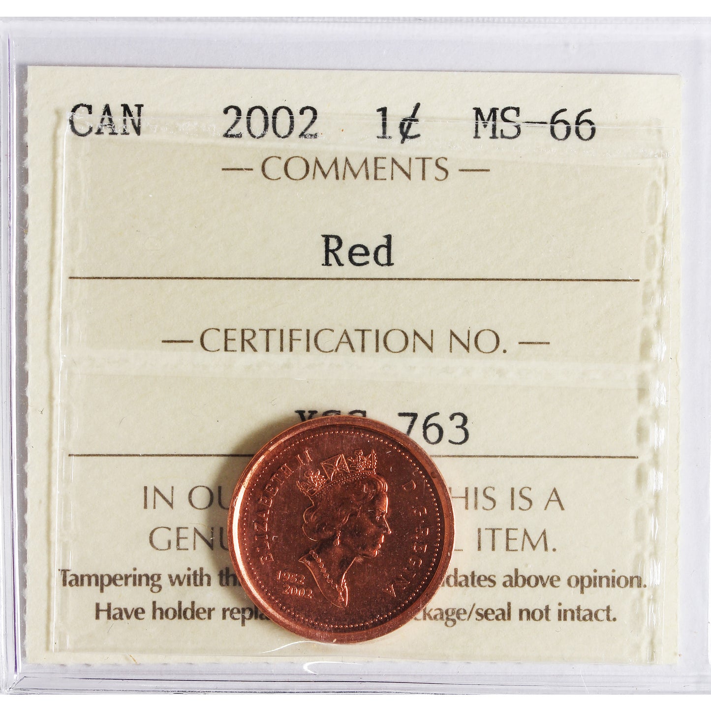 2002 Canada 1-cent ICCS Certified MS-66 Red