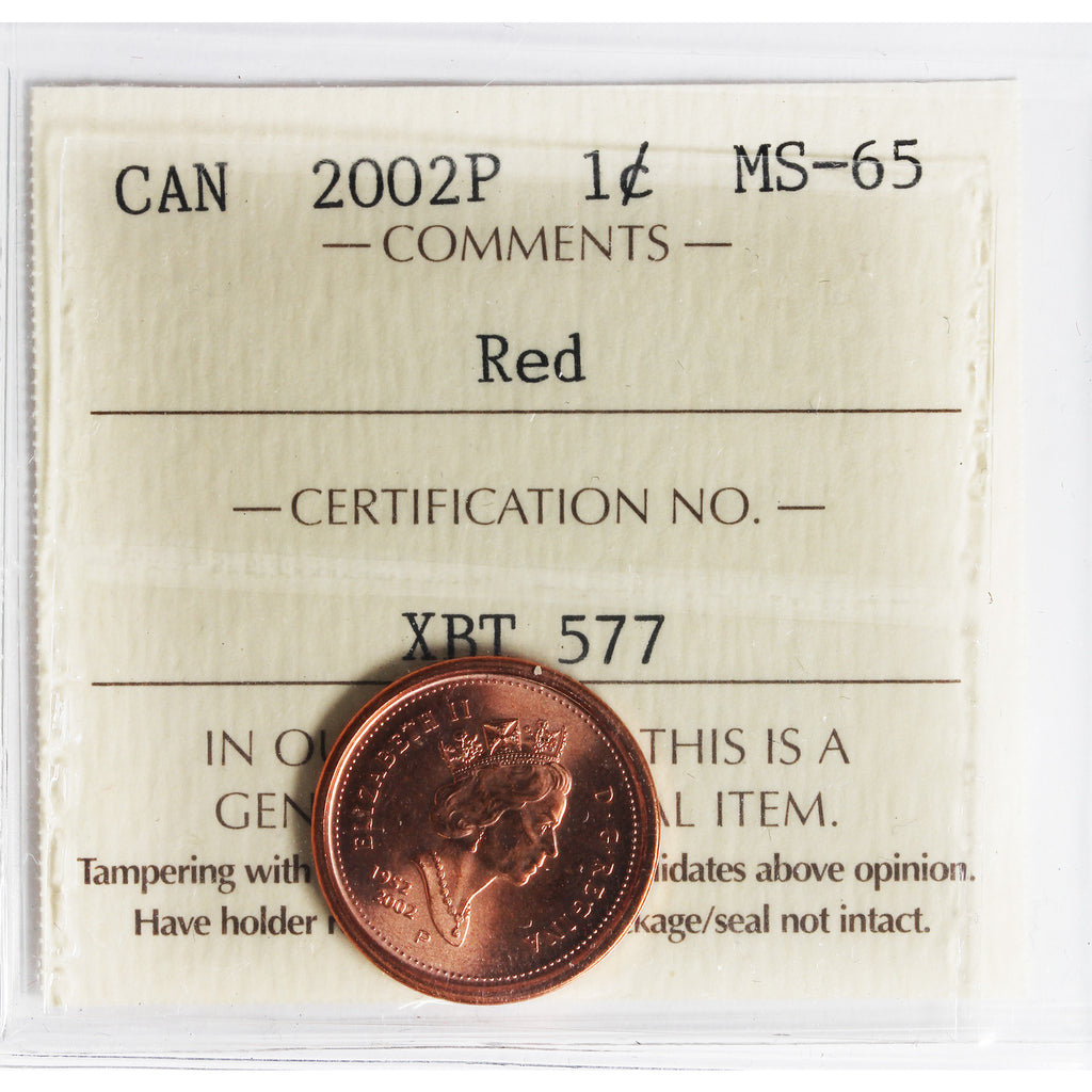 2002P Canada 1-cent ICCS Certified MS65 Red