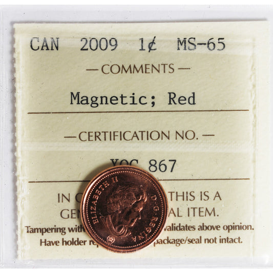 2009 Magnetic Canada 1-cent ICCS Certified MS65 Red