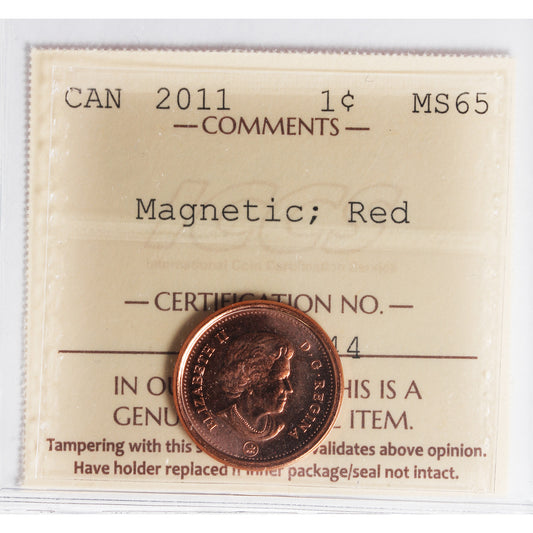 2011 Magnetic Canada 1-cent ICCS Certified MS65 Red