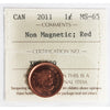 2011 Non Magnetic Canada 1-cent ICCS Certified MS-65 Red
