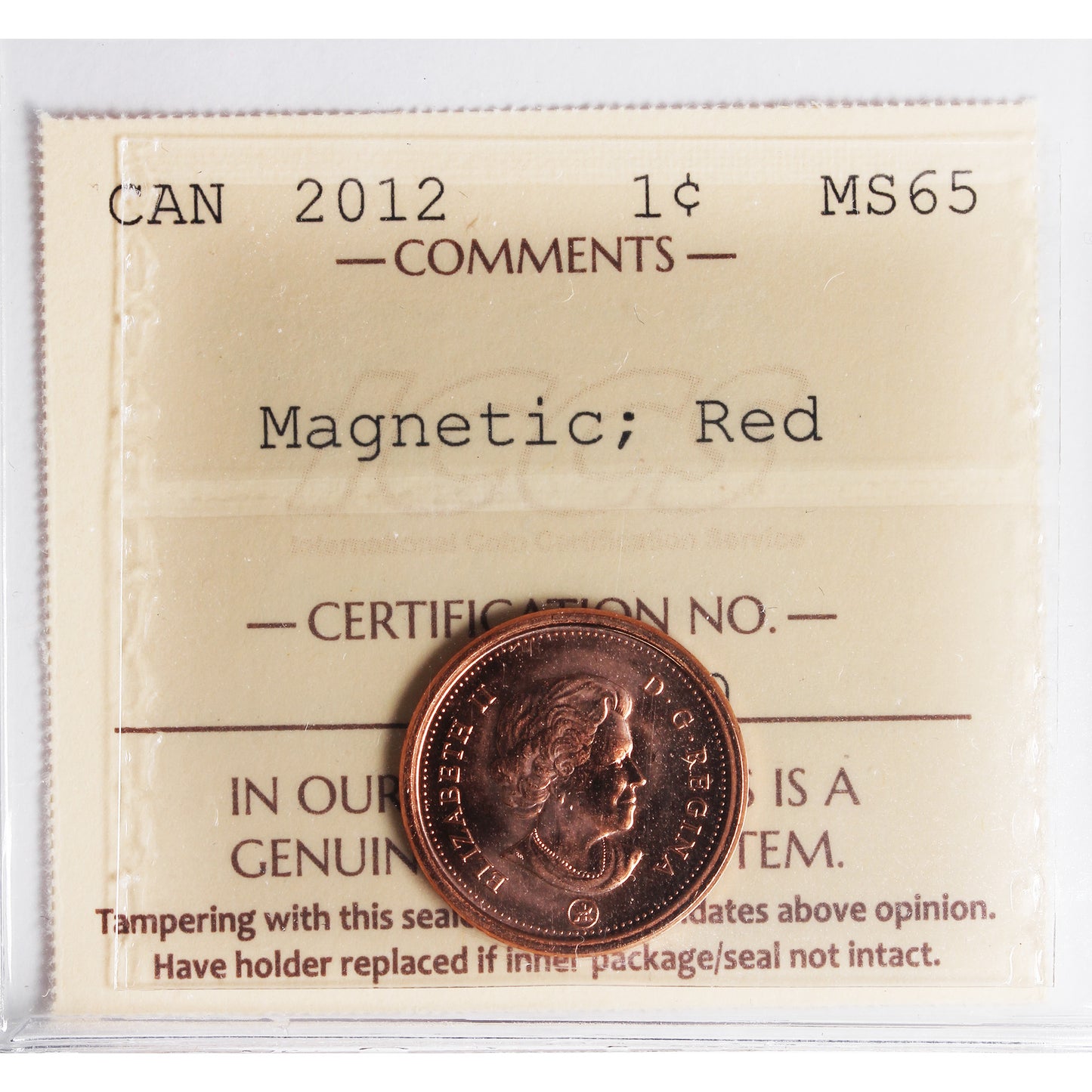 2012 Magnetic Canada 1-cent ICCS Certified MS-65 Red