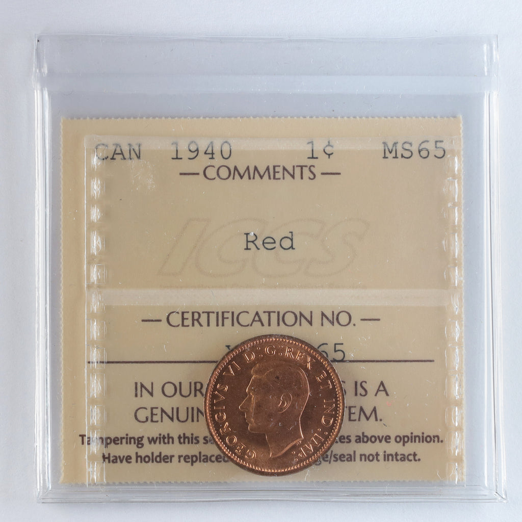 1940 Canada 1-cent ICCS Certified MS65 Red