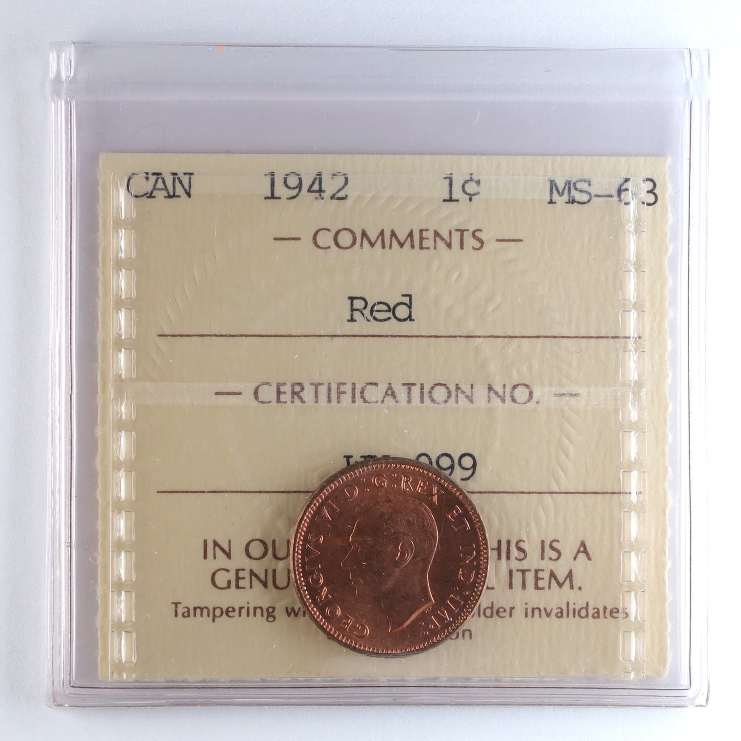 1942 Canada 1-cent ICCS Certified MS63 Red
