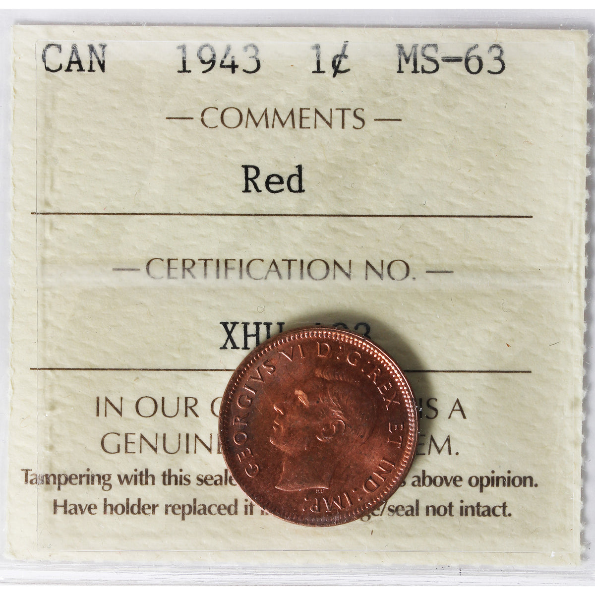 1943 Canada 1-cent ICCS Certified MS63 Red