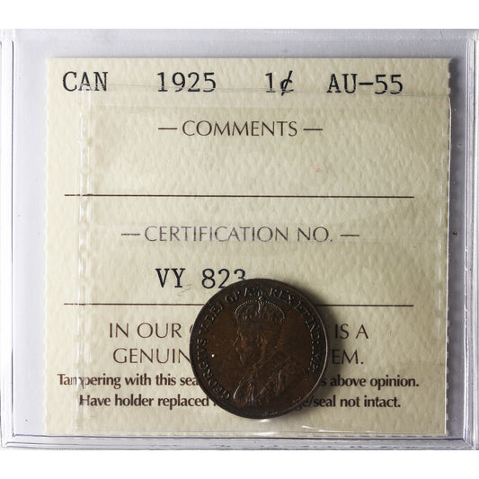 1925 Canada 1-cent ICCS Certified AU55