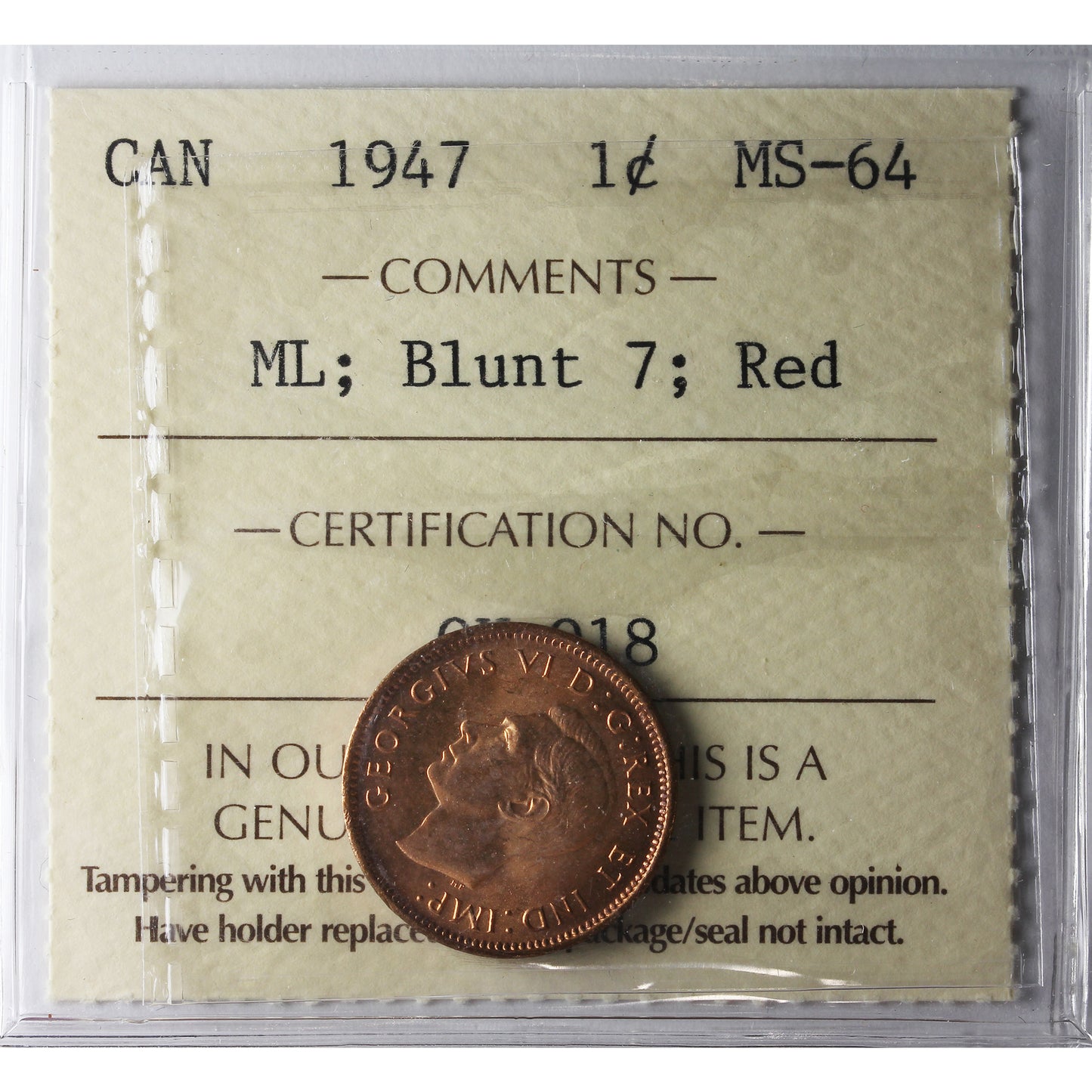 1947 Maple Leaf Blunt 7 Canada 1-cent ICCS Certified MS64 Red